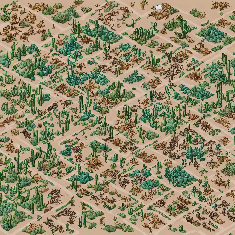 Image similar to a detailed hand drawn isometric game map of the Mojave desert with cactuses and a monster Scorpions