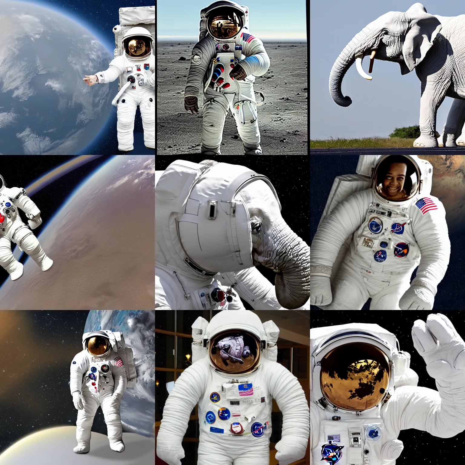 Image similar to giant elephant in white spacesuit as astronaut