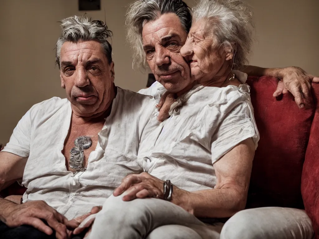 Prompt: close - up photo of a till lindemann sits on the couch with grandmother by steve mccurry, natural lighting, wide lens, 4 k