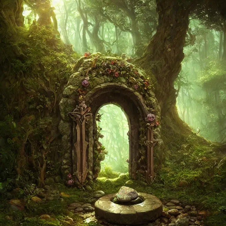 Image similar to Fantasy Magical fairy-tale stone portal in the forest. Round stone portal teleport in trees to other worlds. Fantastic landscape. Magic Altar in the fores, highly detailed, digital painting, artstation, concept art, smooth, sharp focus, illustration, art by greg rutkowski and alphonse mucha