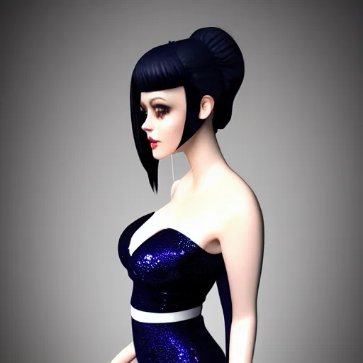 Image similar to a curvy feminine pale goth cutie with a thin waist in an elaborate tight sequined navy blue dress, cgsociety, photorealistic, sublime-comforting-elegant ambience, 16k, smooth, sharp focus, trending on ArtStation, volumetric lighting, fully clothed, worksafe