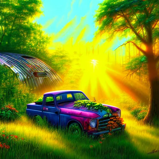Prompt: A painting of a junk yard in the forest overgrown, with some pretty colorful flowers and ivy, sunrise with sun rays through the trees, detailed, realistic digital art,