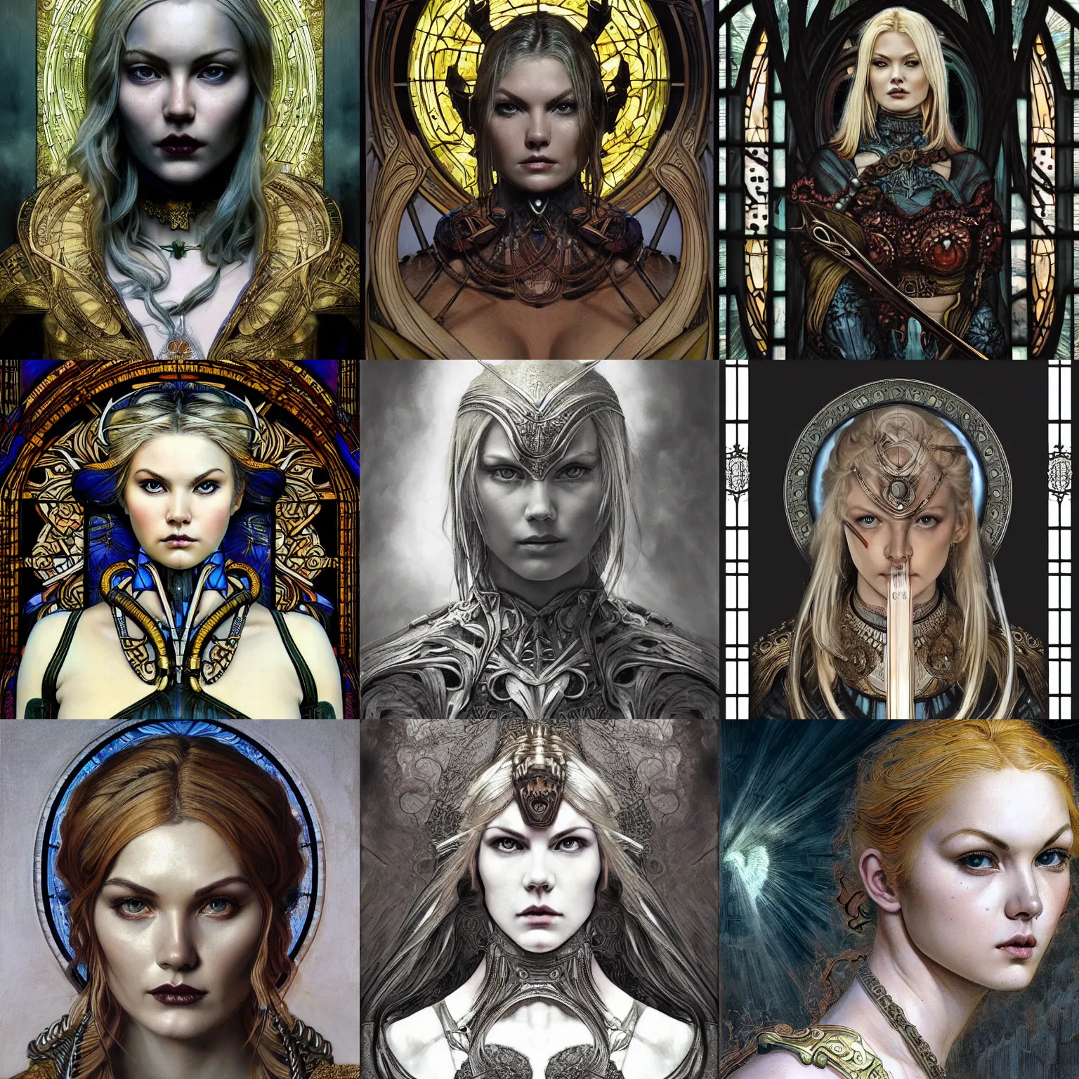 Prompt: masterpiece head-on symmetrical centered portrait, Elisha Cuthbert as a warrior, fully armoured, blonde hair, Elden Ring, stained glass art nouveau, gothic, elegant, dramatic, high quality, in the style of Edgar Maxence and Ross Tran and Zdzisław Beksiński and Gustave Doré and Michael Whelan and H.R. Giger and Ian Miller and Mucha, specular highlights, 8k, Octane Render