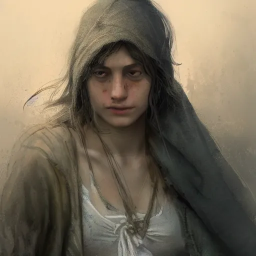 Image similar to Epic portrait A homeless female, sad, tearing up, dirty clothes, dirty face, digital painting, artstation, concept art, soft light, hdri, smooth, sharp focus, illustration, fantasy, intricate, elegant, highly detailed, D&D, matte painting, in the style of Greg Rutkowski and Alphonse Mucha and artemisia, 8k, highly detailed, jurgens, rutkowski, bouguereau, pastoral, rustic, georgic