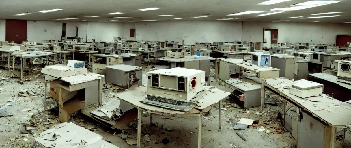 Prompt: movie still 4 k uhd 3 5 mm film color photograph of an abandoned computer laboratory full of cold war era computers