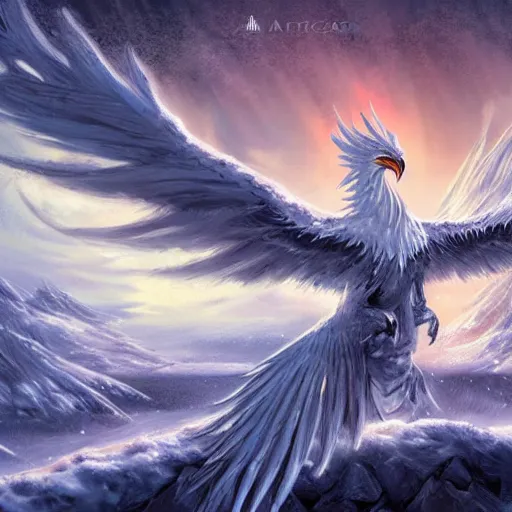 Prompt: Majestic Frost Phoenix in a snowy landscape, magic, epic, fantasy, artstation