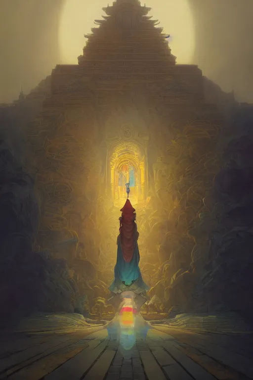 Image similar to the last temple of the shadow monk, coherent design, symmetrical, concept art, trending on artstation, vivid color, complementary color, golden ratio, detailed, sharp lines, intricate, rainbowshift, peter mohrbacher, gustave dore, maxfield parrish, alphonse mucha, deviantart, octane render