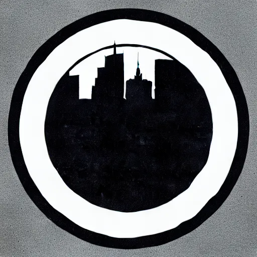 Image similar to a perfect circle where the inside is empty blank space and around the outer edge of the circle is the silhouette of a city skyline, black and white, minimalist, in the style of a line drawing