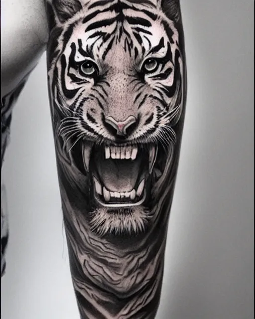 Image similar to a tiger girl tattoo, hyper realistic, hyper detailed, by eliot kohek