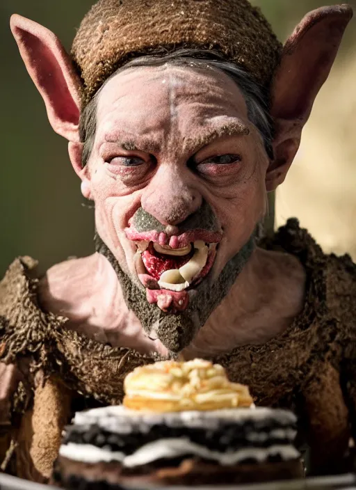 Image similar to closeup profile face portrait of a medieval goblin eating cakes in the cloisters, depth of field, zeiss lens, detailed, symmetrical, centered, fashion photoshoot, by annie leibovitz and steve mccurry, david lazar, jimmy nelsson, breathtaking, 8 k resolution, extremely detailed, beautiful, establishing shot, artistic, hyperrealistic, beautiful face, octane render