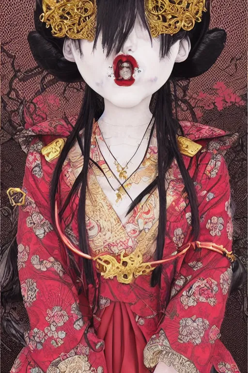 Image similar to avant - garde japanese bjd geisha vampire queen in victorian red dress in the style of dark - fantasy lolita fashion painted by yoshitaka amano, takato yamamoto, james jean, dmt art, symmetrical vogue face portrait, volumetrics, intricate detail, artstation, cgsociety, artgerm, gold skulls, rococo