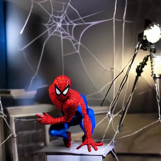 Image similar to a photo of a stopmotion animation filming set of spiderman