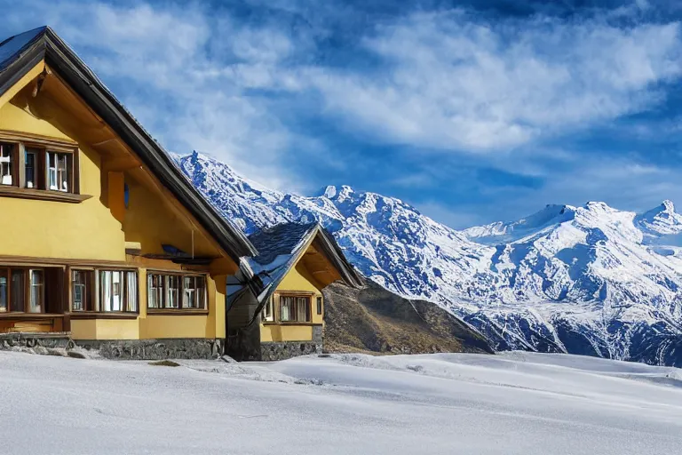 Image similar to architecture photo modern fachwerk house cottage settlement with Elbrus mountain on the background, architecture, photorealism 8k , high details