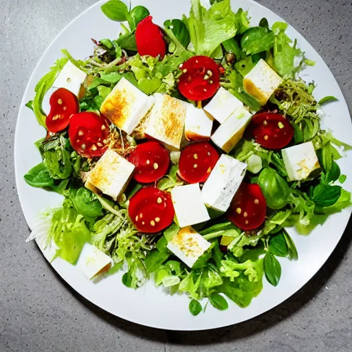 Prompt: a giant salad that is bigger than a building, with mozzarella and a lot of sauce, culinary art photography, award winning photography