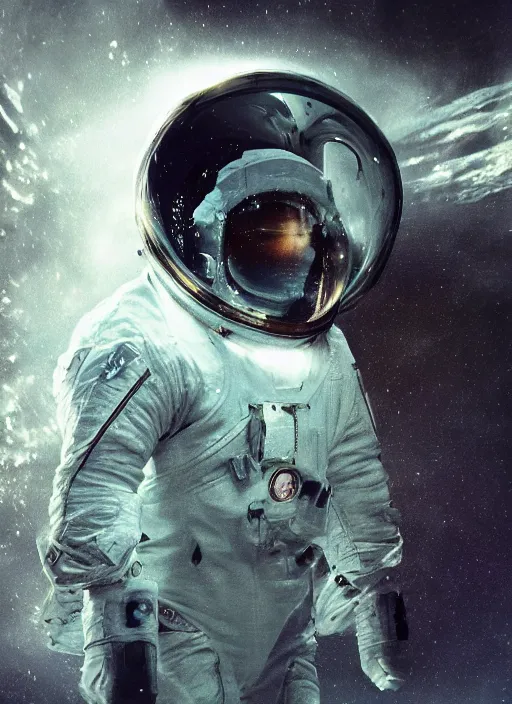 Image similar to complex poster art by craig mullins astronaut in futuristic dark and empty spaceship underwater. infrared glowing lights. complex and hyperdetailed technical suit. reflection and dispersion materials. rays and dispersion of light. volumetric light. 5 0 mm, f / 3 2. noise film photo. flash photography. octane render. interstellar movie poster