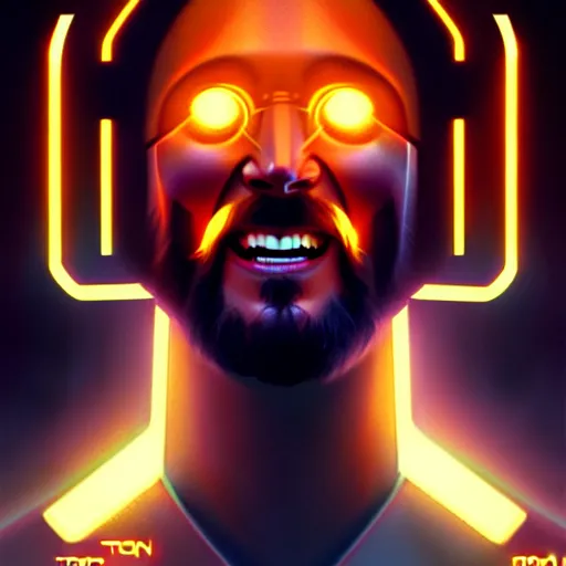 Image similar to tron legacy jesus laughing, diffuse lighting, hyper realistic, concept art, intricate, hyper detailed, smooth, sharp focus, illustration, trending on artstation, art by greg rutkowski and james gurney and alphonse mucha