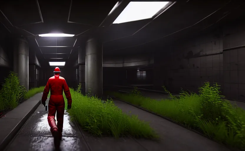 Image similar to in-game screenshot of a dark red hazmat scientist holding a gun walking on unreal engine 5, in a liminal underground garden, photorealistic, octane render, retrofuturism, brutalism, staggered terraces, minimalist