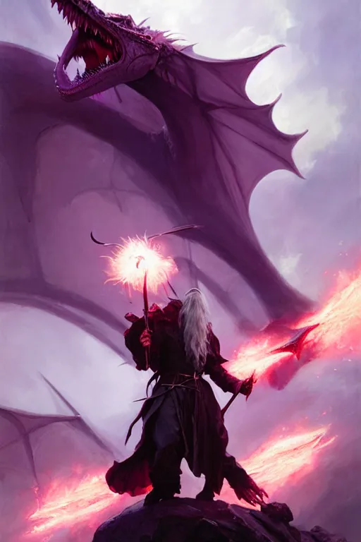 Image similar to dead dragons devour the flesh of the white gandalf,, fight good or evil, details, purple fire around magic arena, arcane style, futurism, painting by greg rutkowski, j. c. leyendecker, artgerm