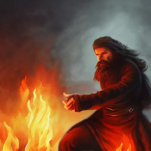Prompt: furious young brown - red haired man with beard, wearing black coat, fire behind him, fire mage, shooting fire, fire, oil painting, fantasy artwork, fantastic artwork, 4 k, trending on artstation