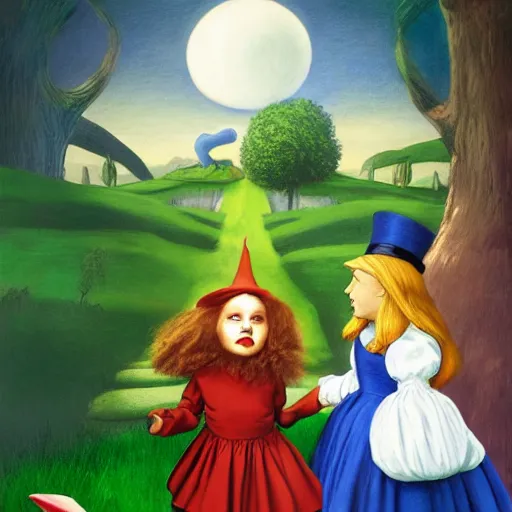 Image similar to Alice in Wonderland and Wizard of Oz by Raphael, Hopper, and Rene Magritte. detailed, romantic, enchanting, trending on artstation.