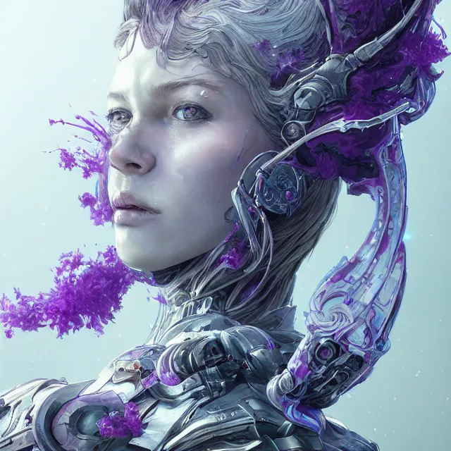 Image similar to close facial portrait of a pale woman in sci - fi armor with a flowing purple, elegant, stoic, intense, ultrafine hyperdetailed illustration by kim jung gi, irakli nadar, intricate linework, sharp focus, bright colors, octopath traveler, final fantasy, hearthstone, highly rendered, global illumination, radiant light, detailed, intricate environment