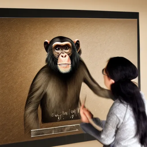 Image similar to a chimpanzee scientist teaching evolution blackboard