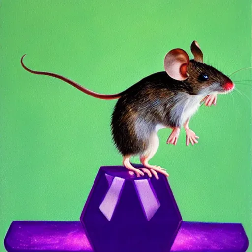 Image similar to mouse reaches for floating purple crystal, famous oil painting, award winning, 8k scan