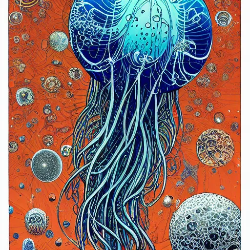 Prompt: space jellyfish by geoff darrow and ernst haeckel