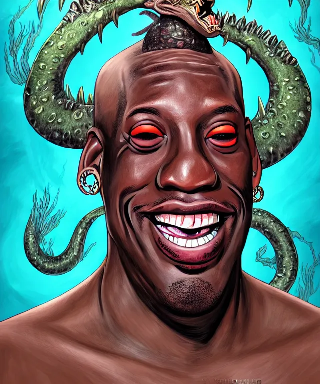 Image similar to fantasy comic style portrait of dennis rodman as a sea monster, digital illustration by ken taylor and sana takeda, hd, 4 k, intricate, highly detailed!!, character design, cover art, award winning