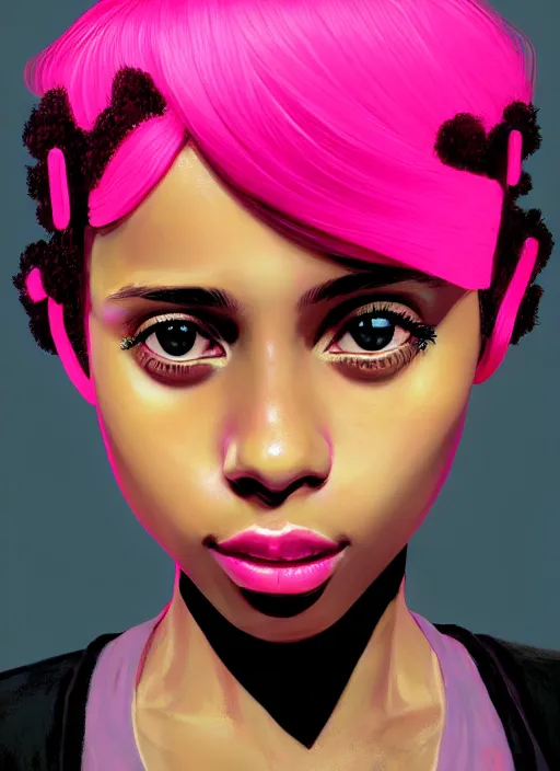 Image similar to portrait of teenage vanessa morgan with bright pink hair, black girl, vanessa morgan, curly pixie cut hair, wearing newsboy cap, newsboy cap, hoop earrings, intricate, elegant, glowing lights, highly detailed, digital painting, artstation, concept art, smooth, sharp focus, illustration, art by wlop, mars ravelo and greg rutkowski