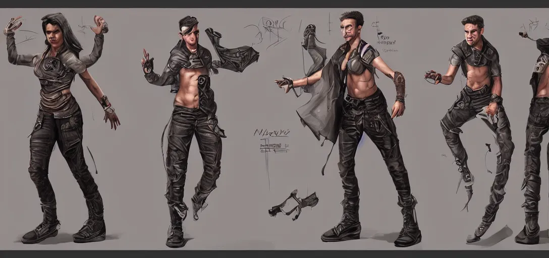 Image similar to character sheet concept art of xavi hernandez, renaissance, futurepunk, parkour, rebel, realistic, hyper realistic, photographic, costume, by marc brunet and artgerm