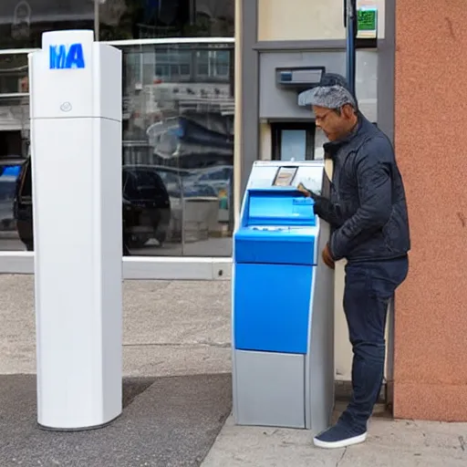 Prompt: man withdrawing a stack of fish from an atm, realistic