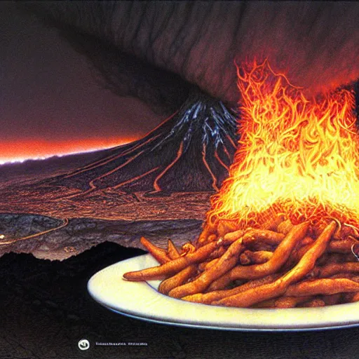 Image similar to poutine ( the canadian meal ) from mount doom by alan lee and john howe