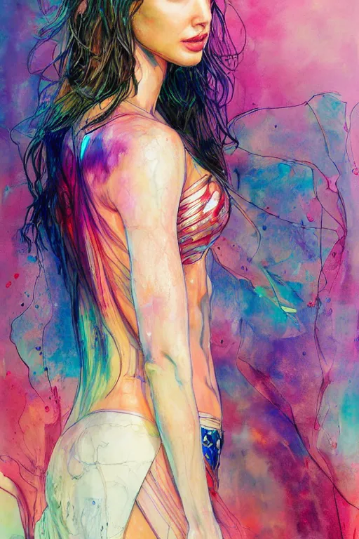 Image similar to gal gadot by agnes cecile enki bilal moebius, intricated details, 3 / 4 back view, full body portrait, extremely luminous bright design, pastel colours, drips, autumn lights