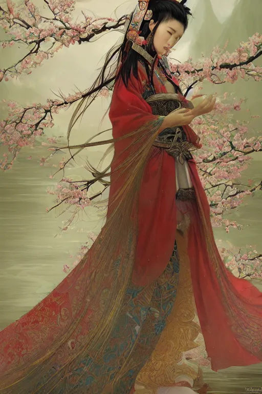 Image similar to portrait wuxia Asian heroine, holy and elite and divine, weraings Chinese costume, in forbidden City Rainning, flowers sea everywhere, ssci-fi, fantasy, intricate, very very beautiful, elegant, highly detailed, digital painting, artstation, concept art, smooth, sharp focus, illustration, art by tian zi and WLOP and alphonse mucha