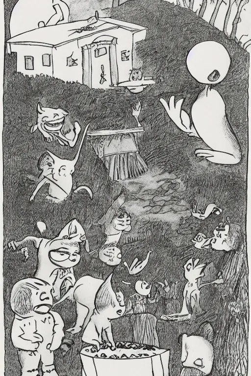 Image similar to a funeral for a pizza, by maurice sendak