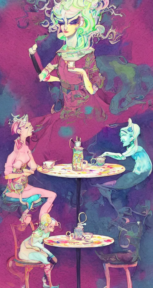 Prompt: soldier of chaos, mischief and beauty having tea alone at a table in a pastel fantasy land, surreal, glitched watercolor, chromatic abberation, trending on artstation, in the style of james jean feint, inspired by art nouveau