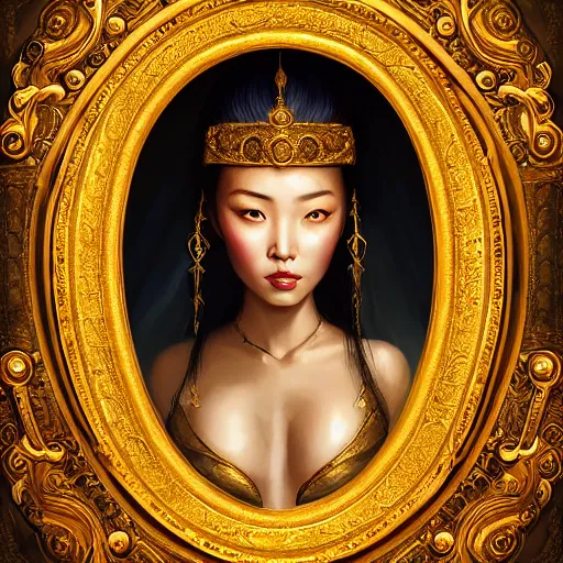 Image similar to beautiful realistic portrait of a gorgeous mongolian princess in a sensual pose covered with golden ornate armor, centered face, with full makeup, atmospheric lighting, intricate, volumetric lighting, beautiful, sharp focus, ultra detailed, in the art style of bowater, charlie, brom, gerald, lake baikal in the background, astrophotography