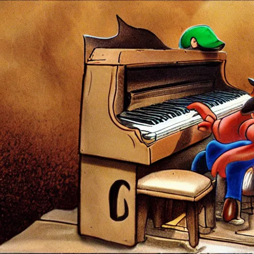 Image similar to luigi playing the piano in hell, detailed