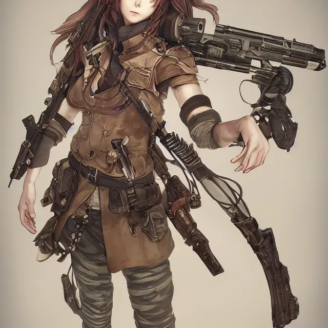 Image similar to the portrait of lawful neutral semi - colorful female infantry gunner as absurdly beautiful, gorgeous, elegant, young anime girl, an ultrafine hyperdetailed illustration by kim jung gi, irakli nadar, intricate linework, bright colors, octopath traveler, final fantasy, unreal engine 5 highly rendered, global illumination, radiant light, detailed and intricate environment