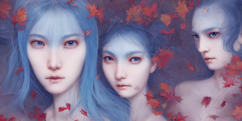 Image similar to breathtaking detailed concept art painting pattern with pastel colors of blue hair faces goddesses amalgamation autumn leaves with anxious piercing eyes, by hsiao - ron cheng and james jean, bizarre compositions, exquisite detail, 8 k