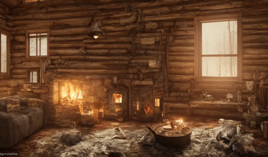 Prompt: cozy interior of a hunting cabin, fireplace, ascher clemens, home, interior, octane render, deviantart, greg rutkowski, cinematic, key art, hyperrealism, canon eos c 3 0 0, ƒ 1. 8, 3 5 mm, 8 k, medium - format print