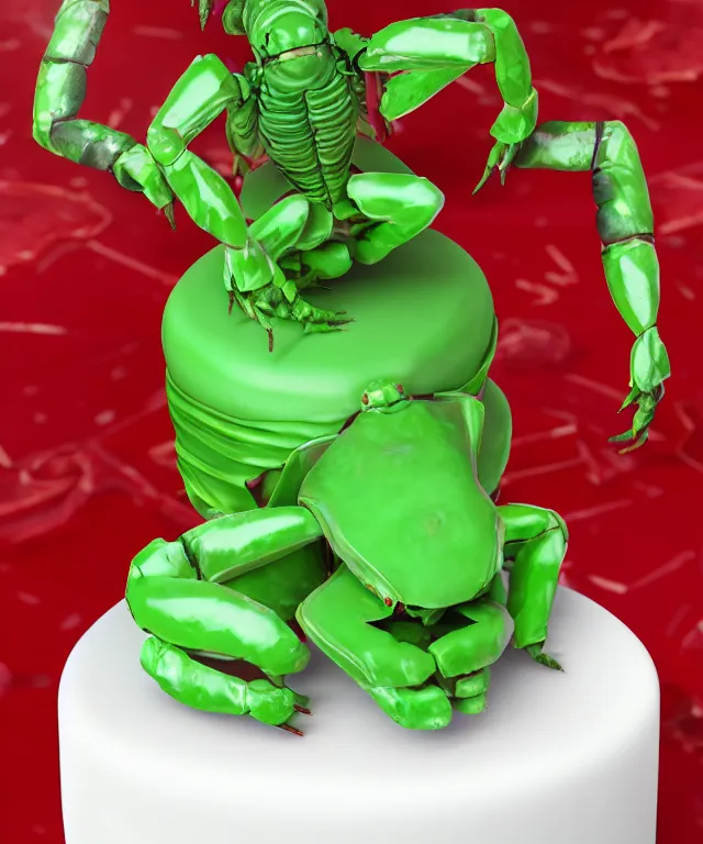 Image similar to green scorpion with translucent red joints, on a wedding cake, unreal engine, ultra realistic, 8 k