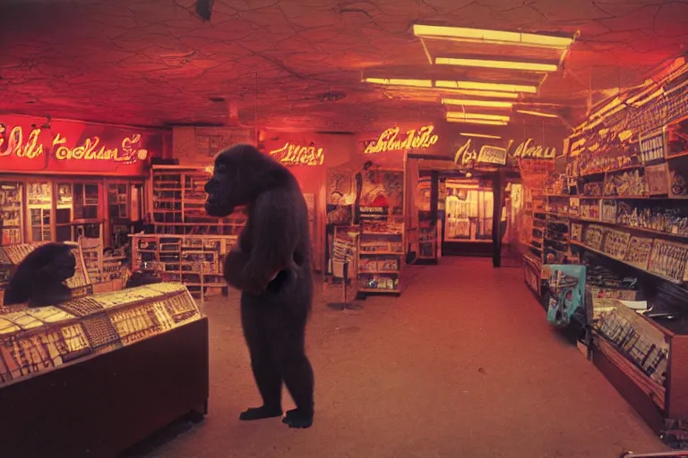 Image similar to Large gorilla shopping, inside of a 1970s music store store, neon lights, dirty, ektachrome photograph, volumetric lighting, f8 aperture, cinematic Eastman 5384 film