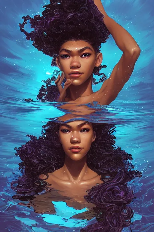 Image similar to portrait of zendaya as a black mermaid swimming underwater, by artgerm, tooth wu, dan mumford, beeple, wlop, rossdraws, james jean, marc simonetti, artstation giuseppe dangelico pino and michael garmash and rob rey and greg manchess and huang guangjian and makoto shinkai