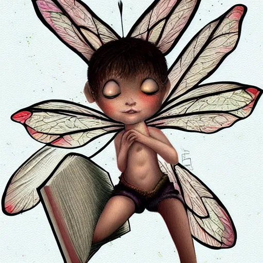 Image similar to a very small fairy with two legs flies above an open book, highly detailed, digital painting, sharp focus, fantasy art