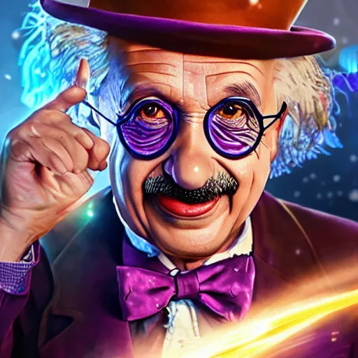 Image similar to portrait of albert einstein as willy wonka, league of legends amazing splashscreen artwork, fantasy, splash art, natural light, elegant, photorealistic facial features, intricate, fantasy, detailed face, atmospheric lighting, anamorphic lens flare, cinematic lighting, league of legends splash art, hd wallpaper, ultra high details by greg rutkowski