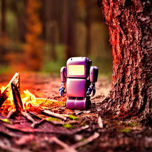 Image similar to translucent robot sitting by a fire in the woods at night, whimsical, award winning photograph, sigma 8 5 mm f / 8, hyper - realistic