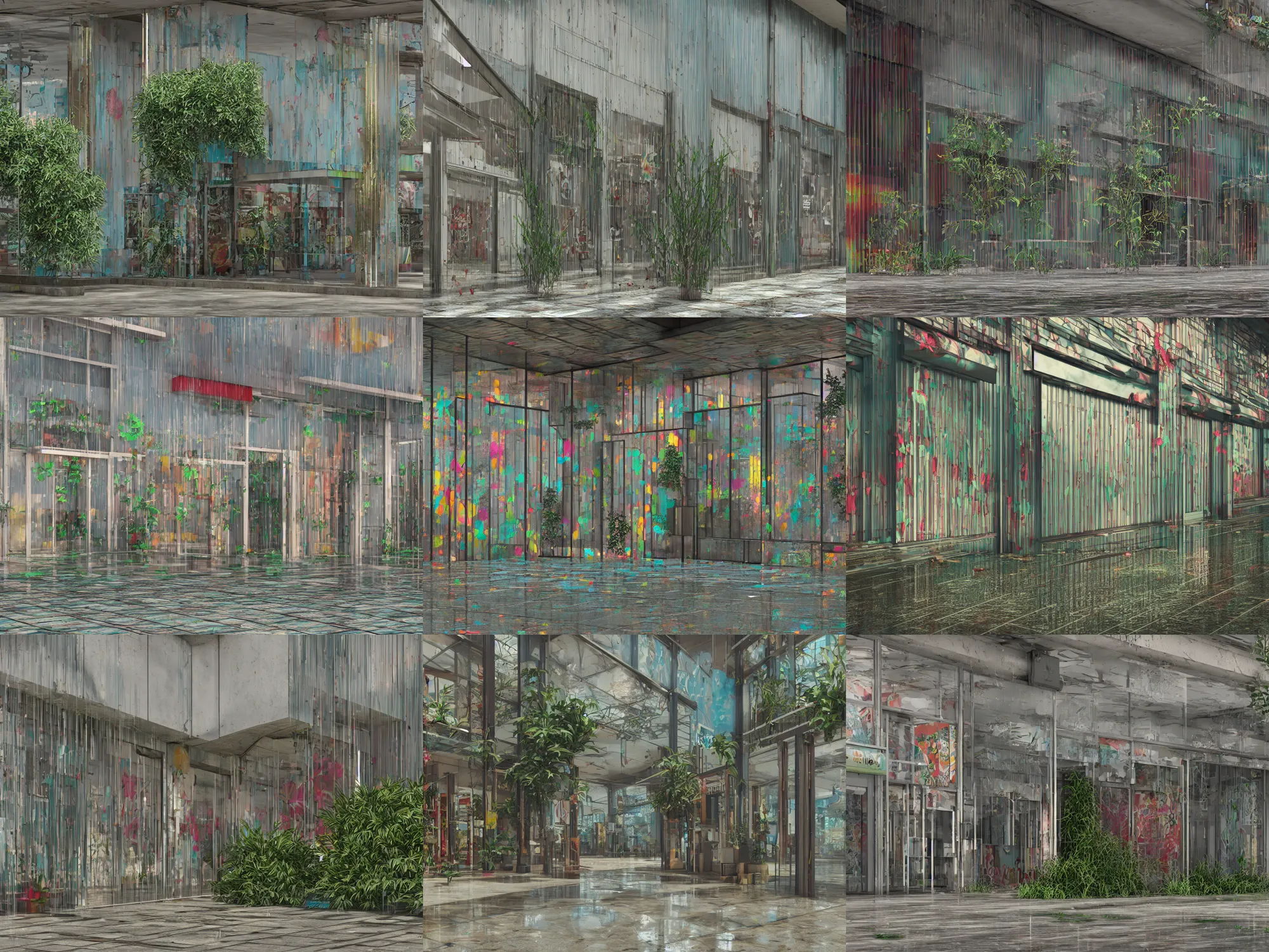 Prompt: shuttered mall store, colorful details, metallic shutter, overgrown vegetation, polished concrete, reflections, water puddles, octane render, concept art, trending on artstation,