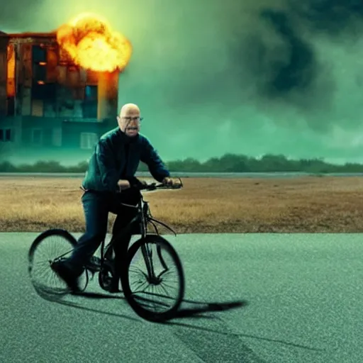 Image similar to photo of walter white riding a bike with an exploding building behind him, color, cinematic lighting